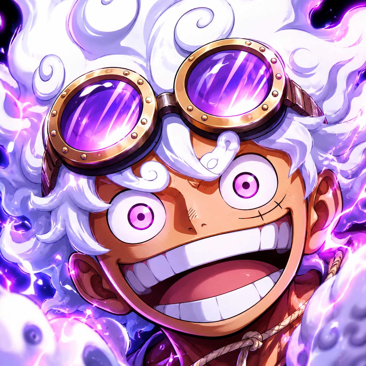 Gear 5 Luffy profile picture with goggles, glowing face, and cartoonish expression