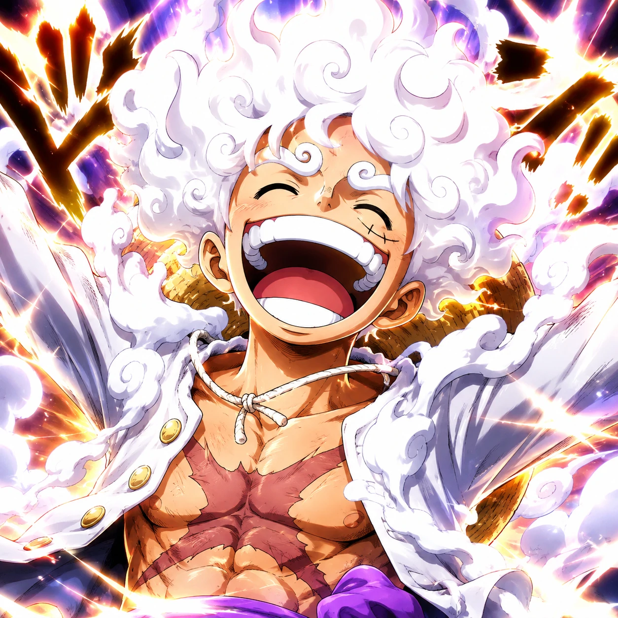 Luffy Gear 5 pfp with white hair, big grin, and swirling smoke