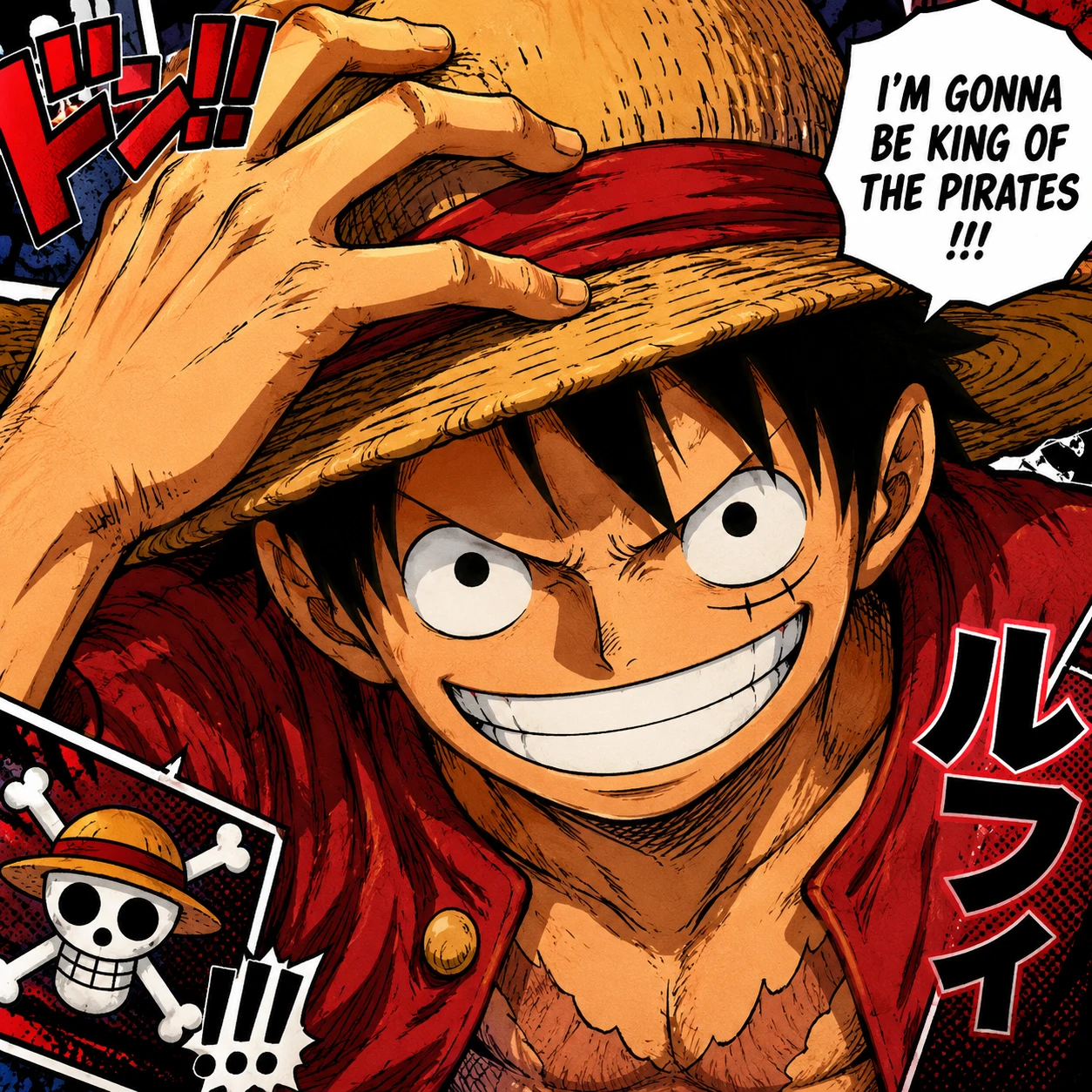 Luffy manga profile picture with colored panel style and bold comic shading