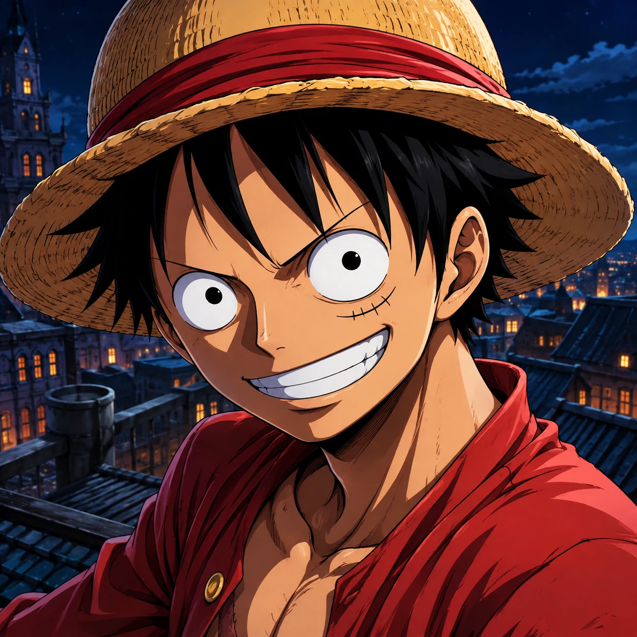 Luffy 4K pfp with crisp rooftop scene crop and detailed anime shading