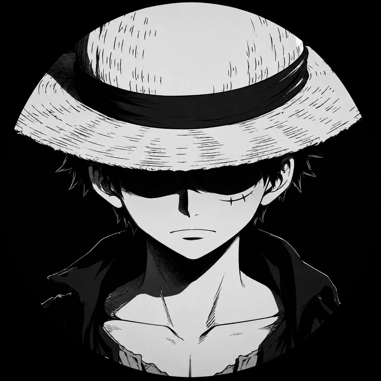 Luffy profile picture black and white with straw hat shadow over face