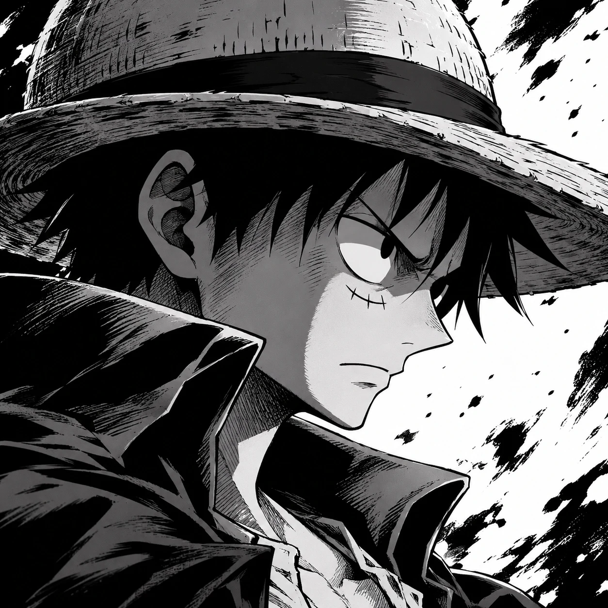 Luffy black and white pfp with manga shadows and intense side stare