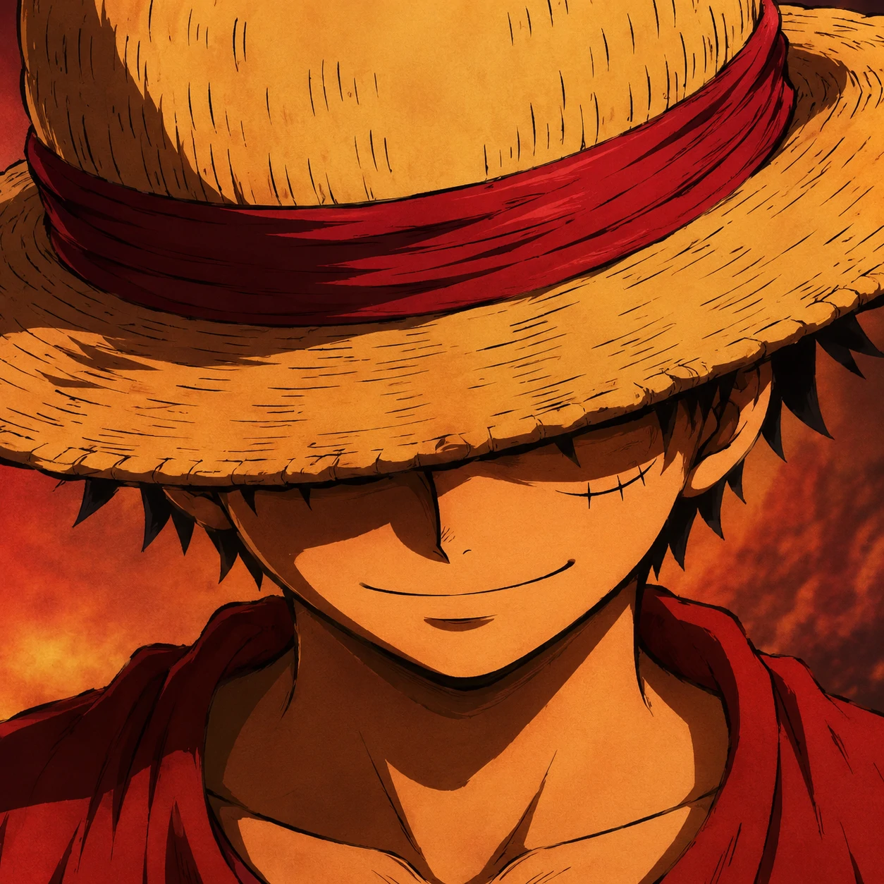 Luffy straw hat pfp with brim shadow, small smile, and warm anime tones