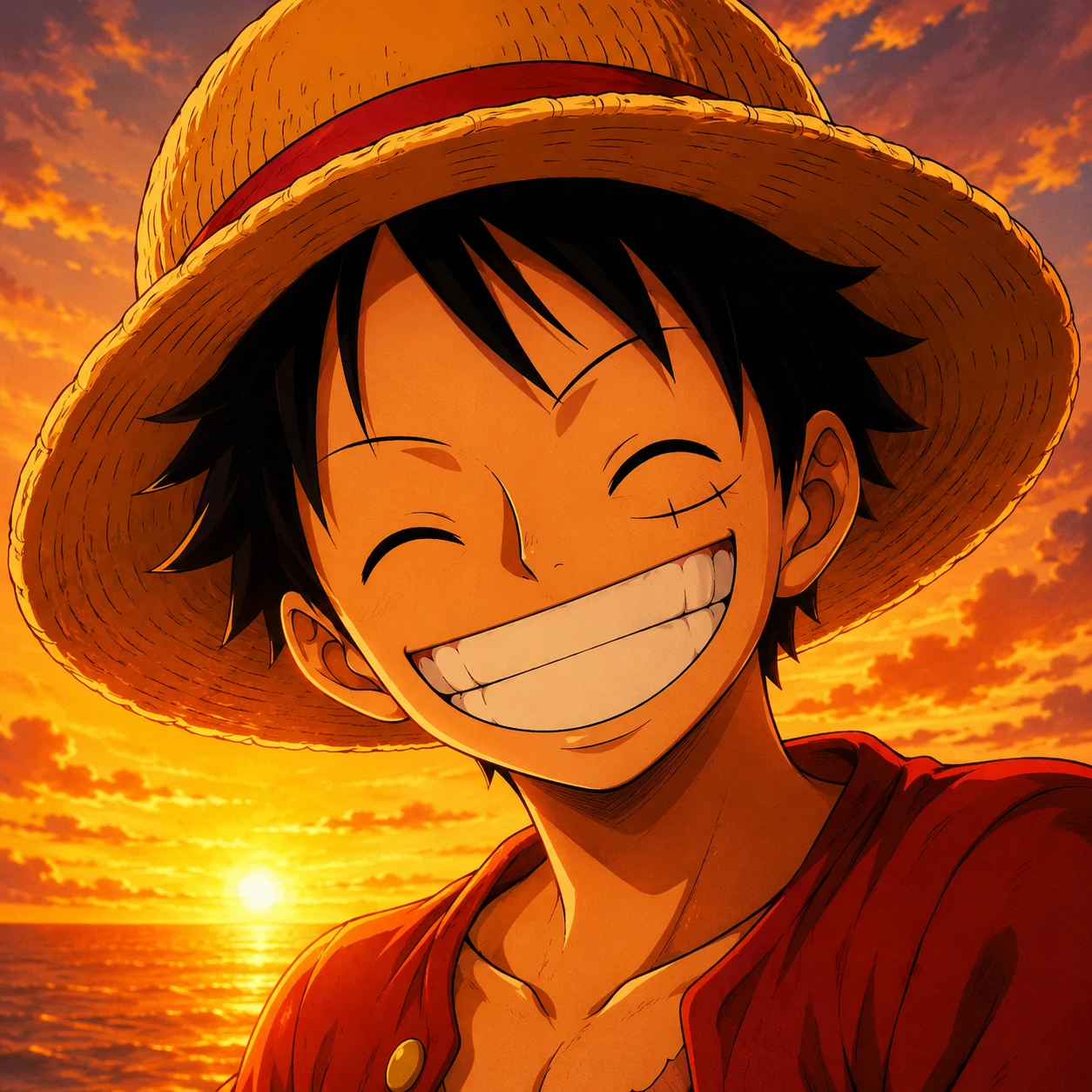 Luffy profile picture with straw hat, sunset glow, and cheerful anime grin