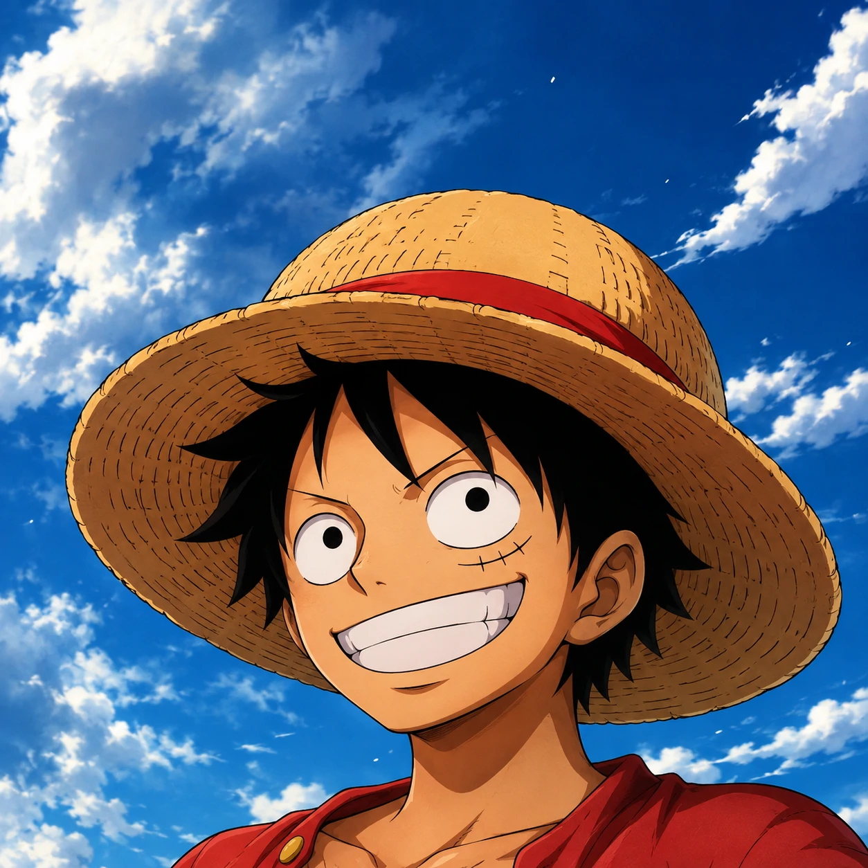 Luffy profile picture cropped from wallpaper with sky backdrop and bright Straw Hat focus