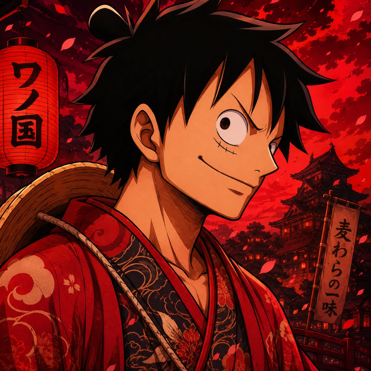Luffy Wano pfp with kimono outfit, side smirk, and rich red tones