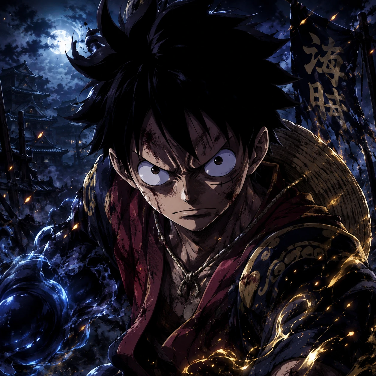 Wano Luffy profile picture in dark battle scene with blue and gold highlights