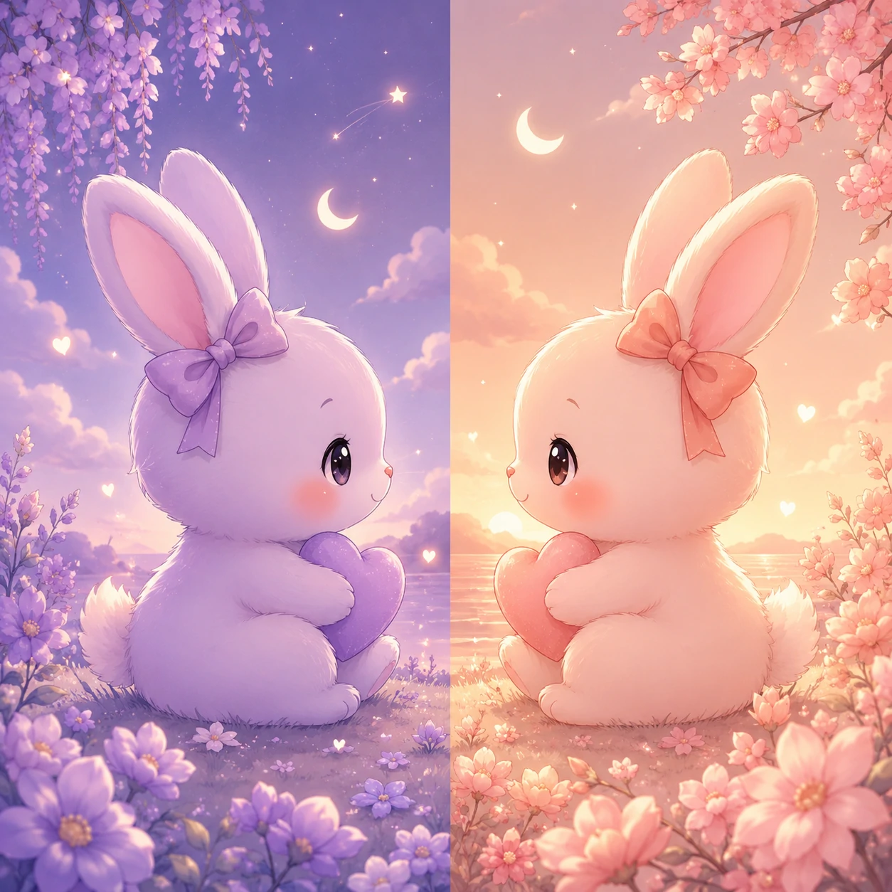 Mirrored matching bunny profile pictures in complementary pastel colors
