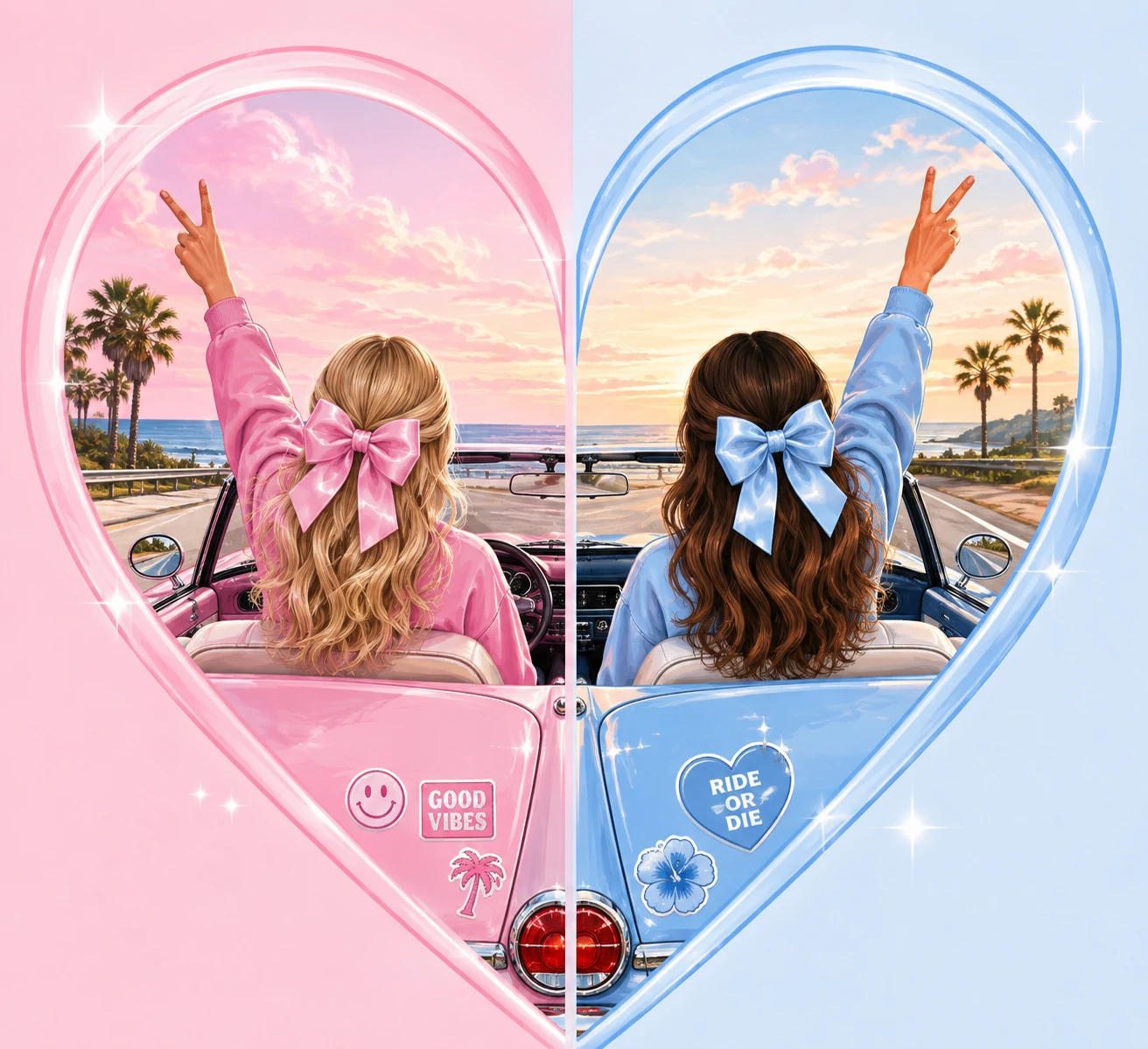 Matching bestie preppy pfp with two halves of a heart, pastel palette, and glossy detailing