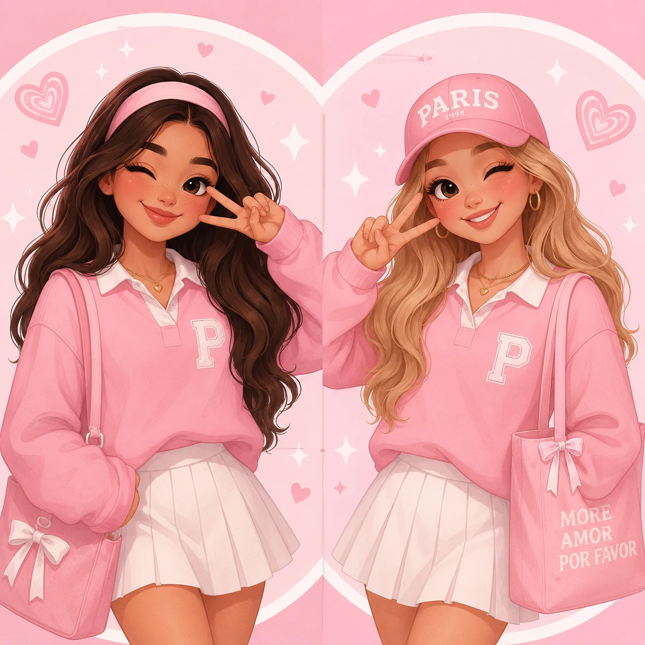 Matching preppy pfp for BFFs featuring two cartoon girls with coordinated pink outfits