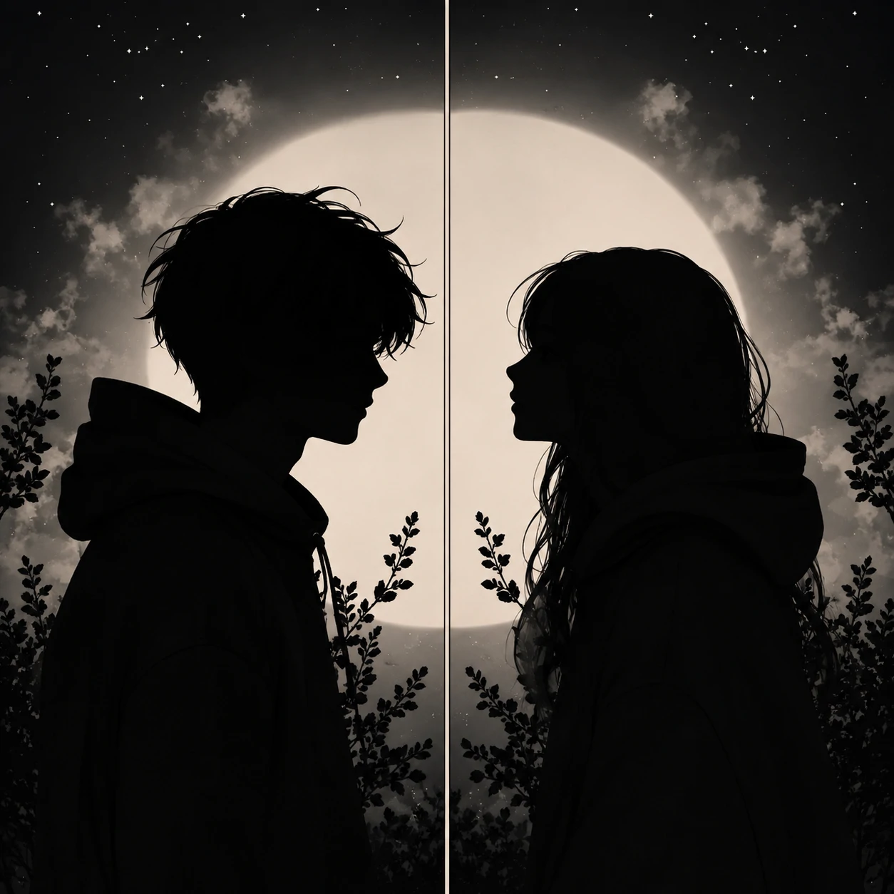 Matching unknown pfp couple set with mirrored faceless silhouettes