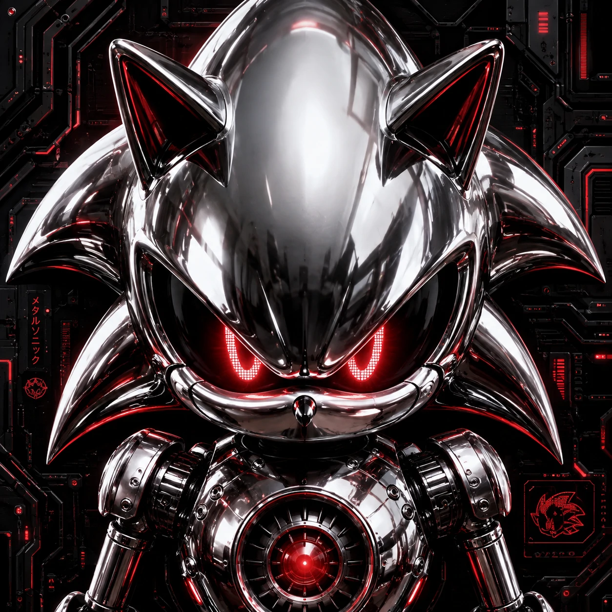 Metal Sonic PFP with chrome plating and glowing red eyes on a dark tech background