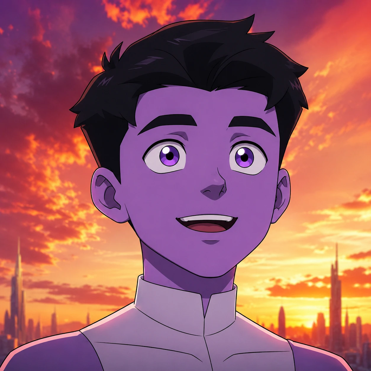 Oliver Invincible PFP with purple skin bright eyes and young Viltrumite look