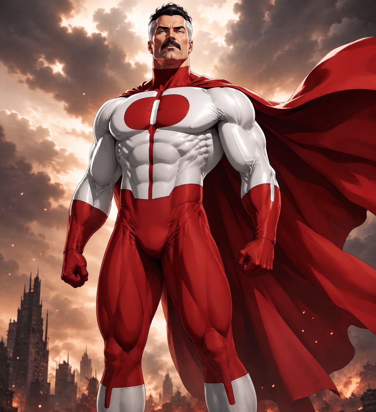 Omni-Man PFP featuring red and white suit with cape flare and Viltrumite pose