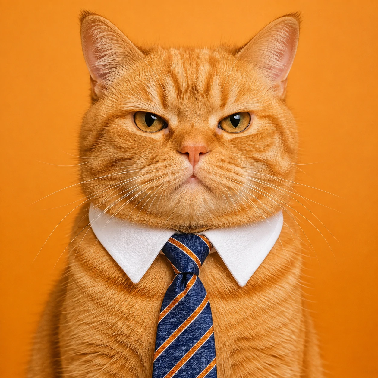 Funny orange cat profile picture wearing a tiny business tie with a serious expression
