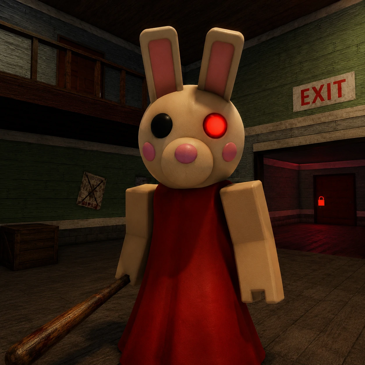 Piggy bunny pfp in Roblox game style with blocky ears and a red dress