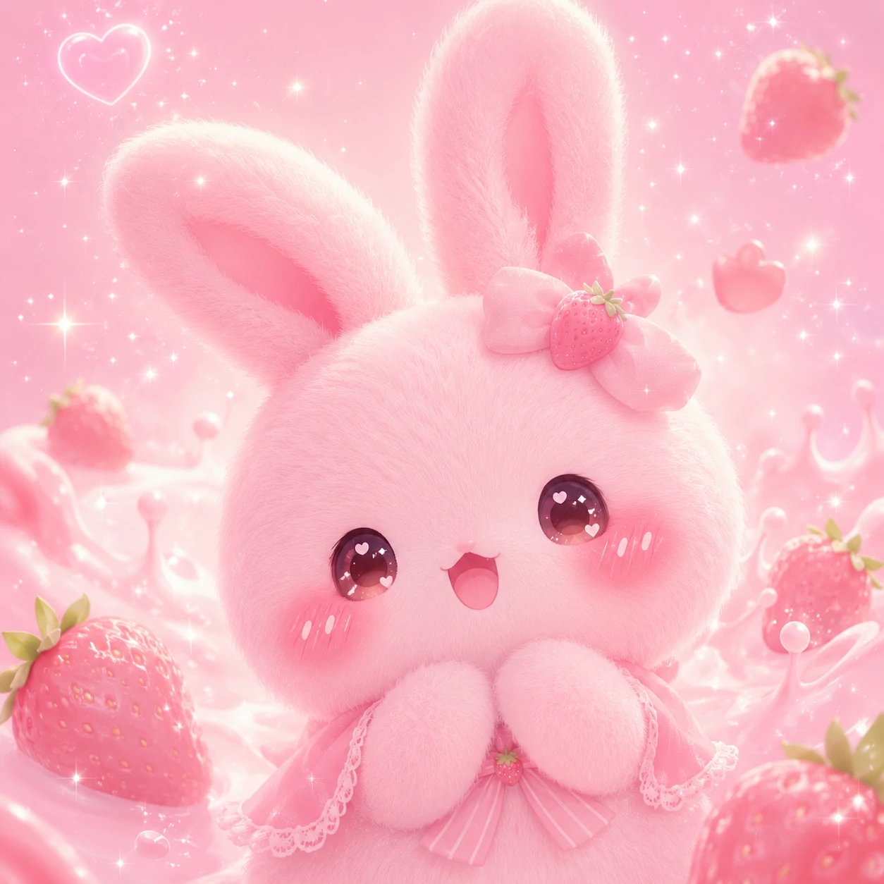 Pink bunny pfp with blush cheeks, sparkles, and a soft strawberry-milk background