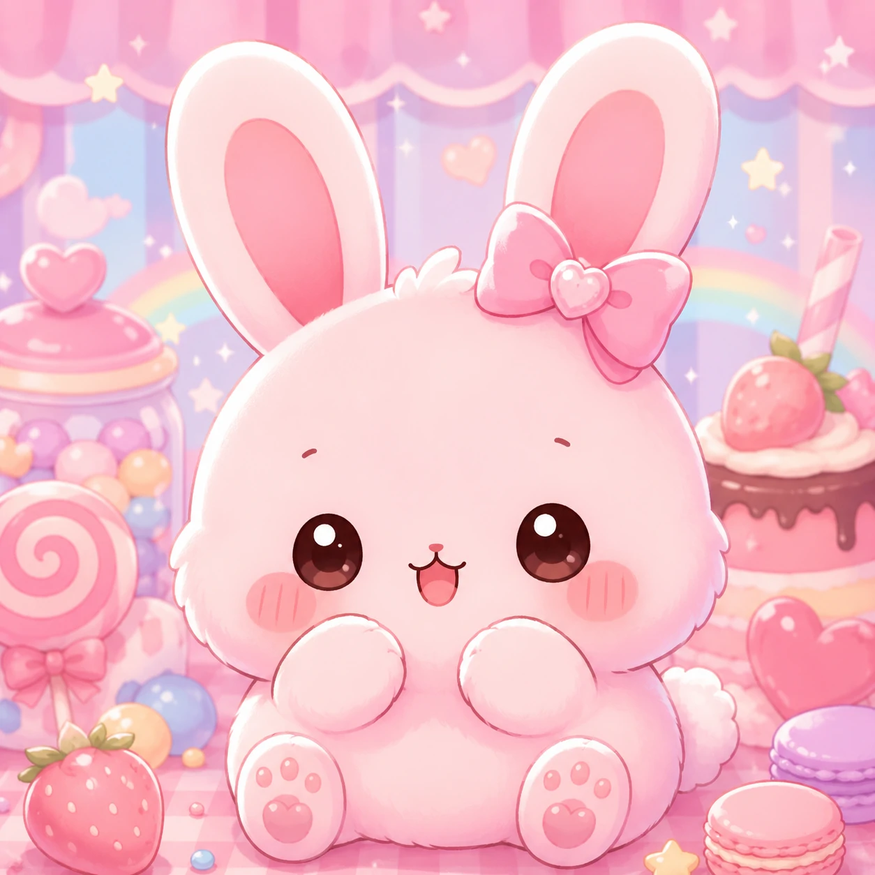 Chibi pink bunny profile picture with tiny paws and a candy-colored background