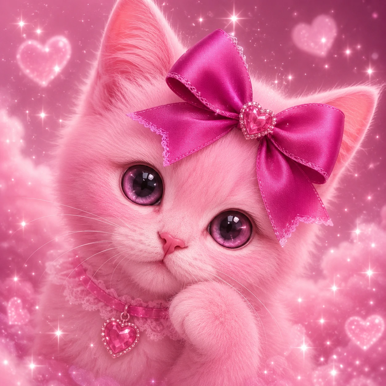 Cute pink cat profile picture wearing a magenta bow with sparkles and dreamy soft lighting