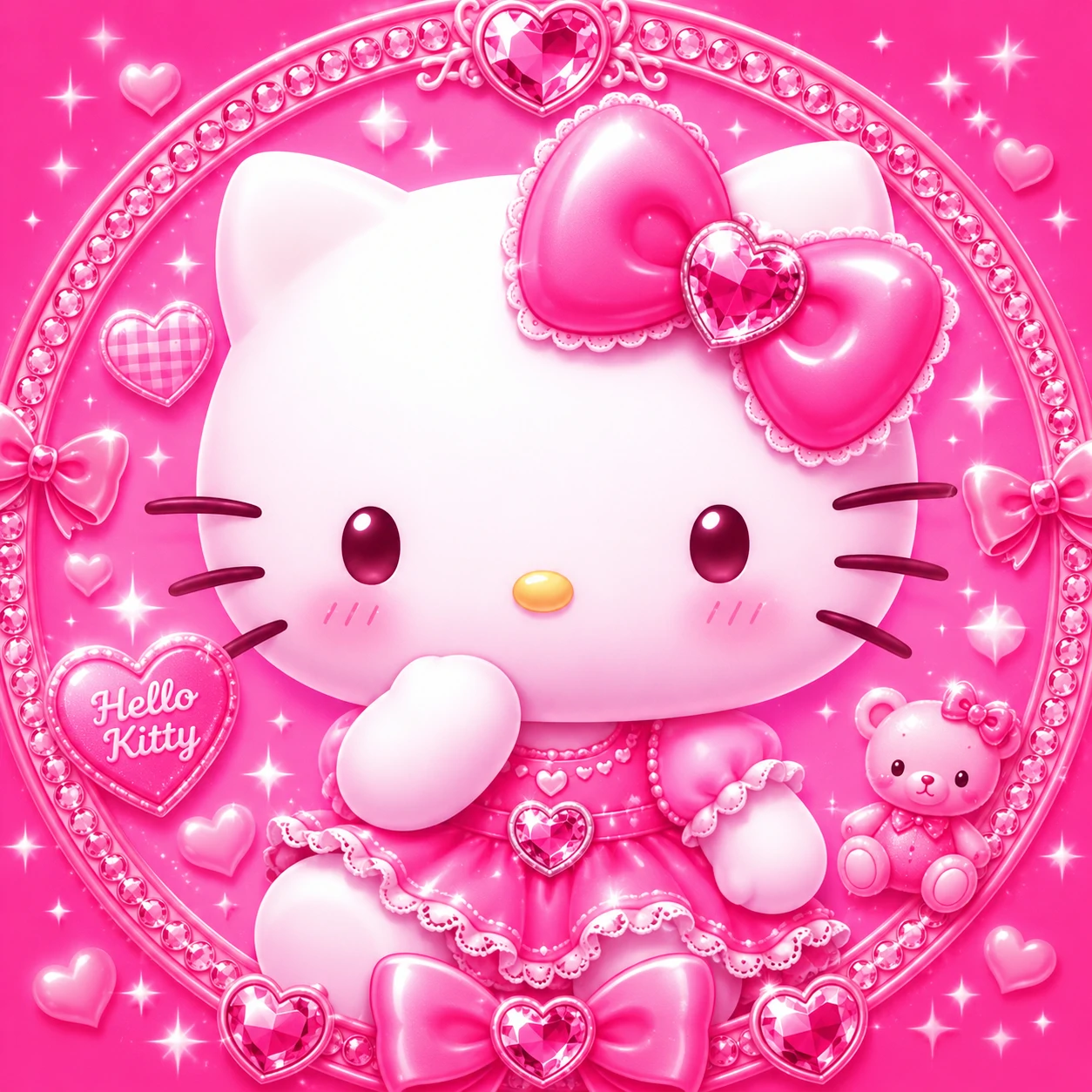 Bright bubblegum pink Hello Kitty PFP saturated with hot pink and blush tones