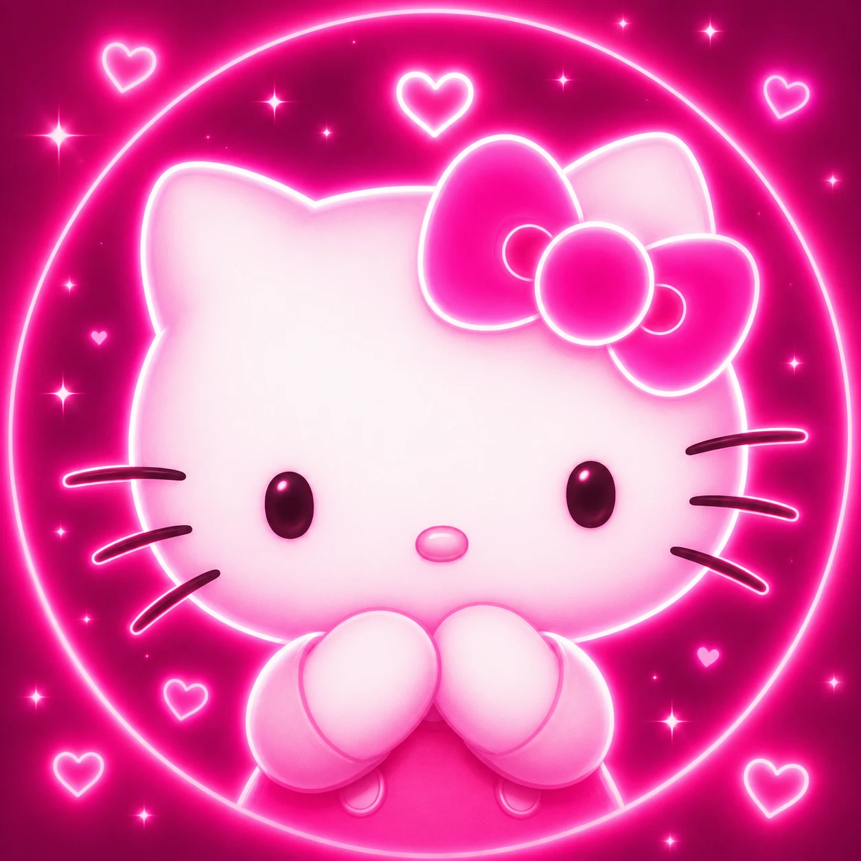 Hot pink glow Hello Kitty profile picture with soft neon lighting and pastel highlights