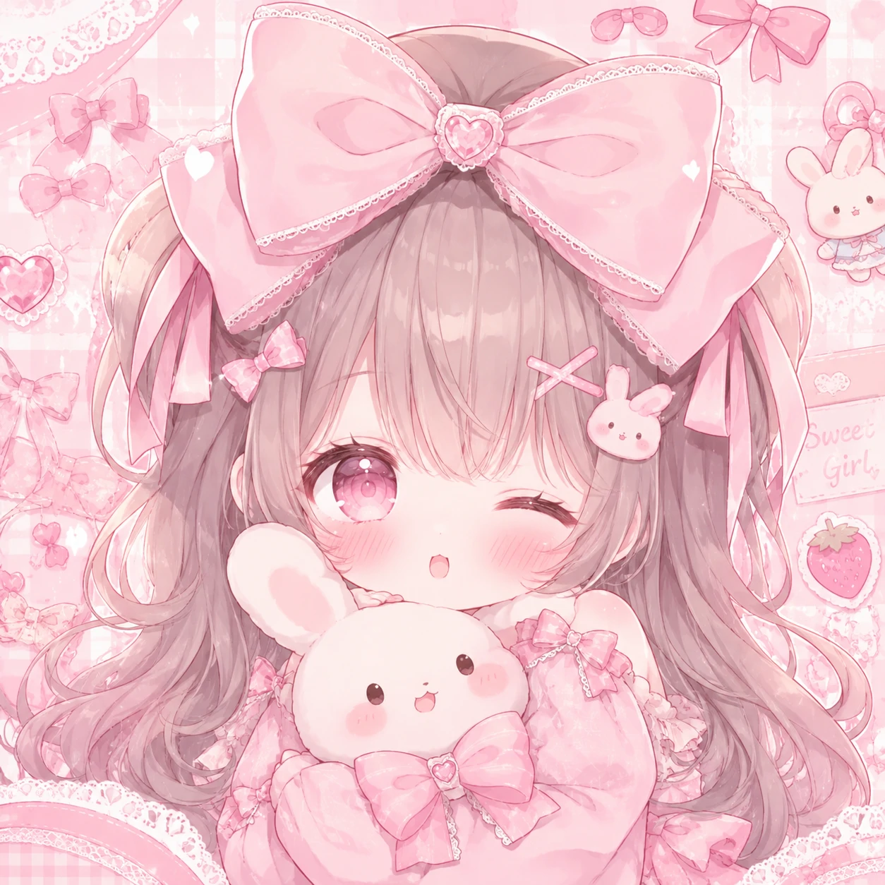 pink kawaii profile picture with pastel bow, ribbon and blushy character illustration
