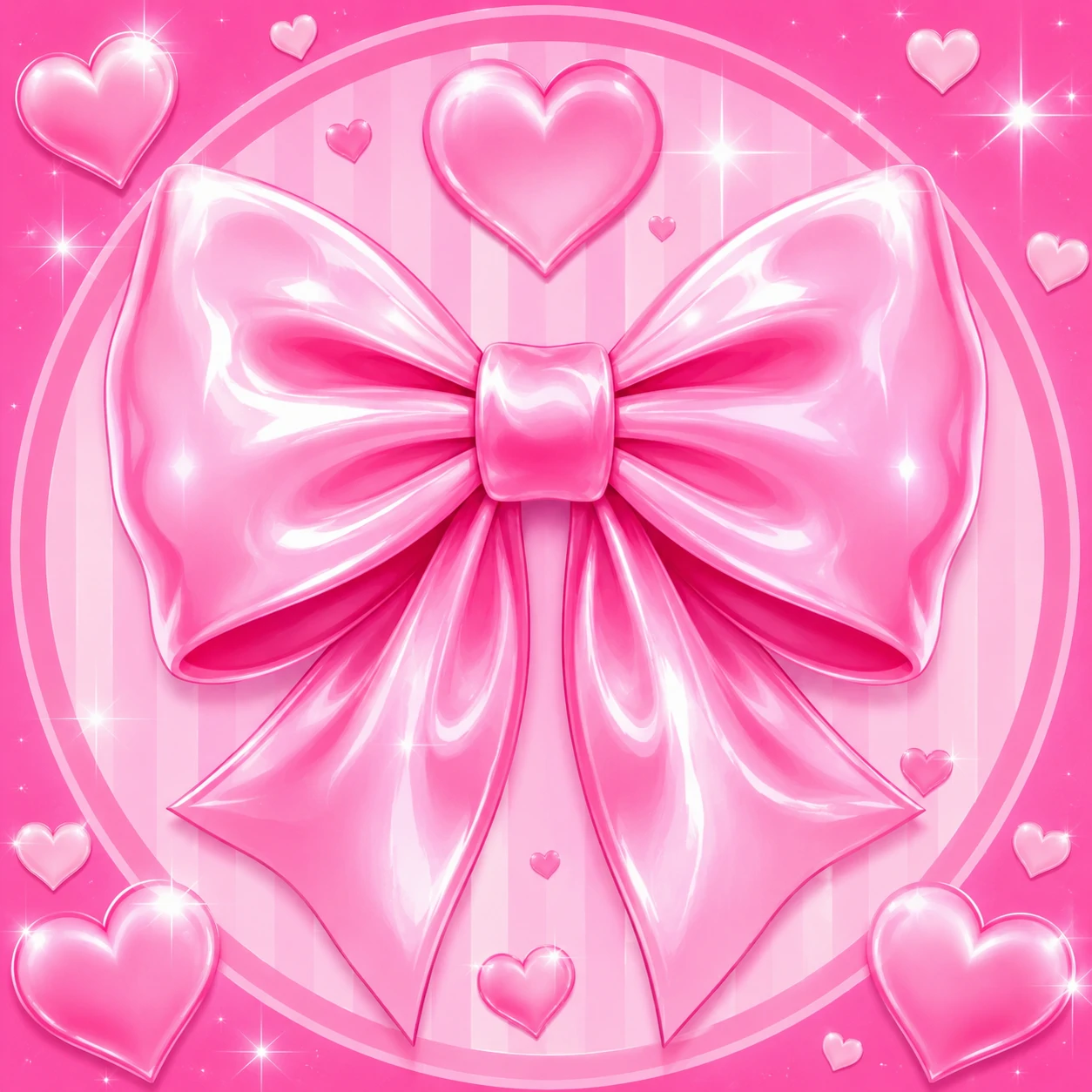 Bubblegum pink preppy pfp with a glossy bow, hearts, and a bright girly aesthetic