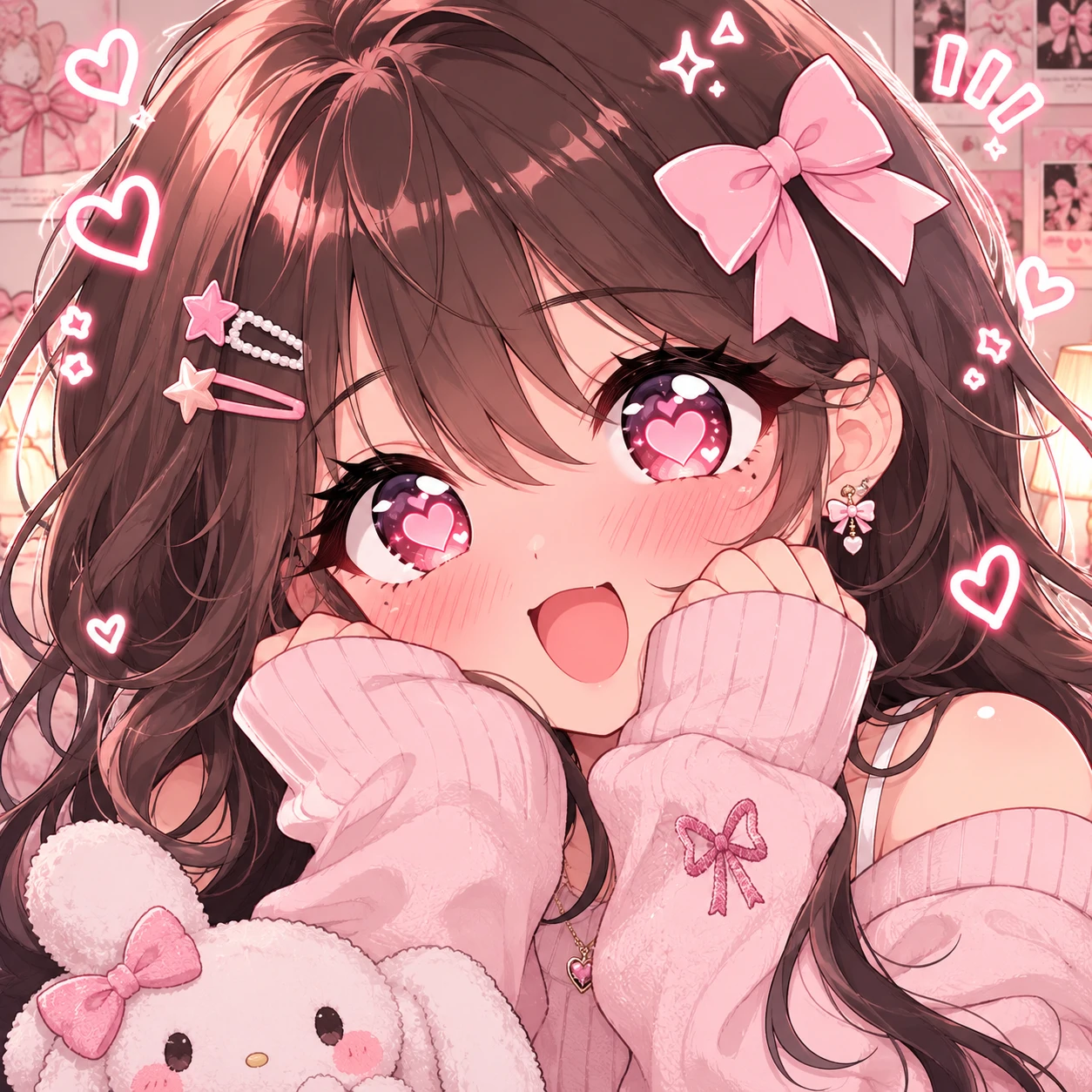 Anime preppy pfp girl with glossy heart-shaped eyes, pink cheeks, and soft kawaii styling