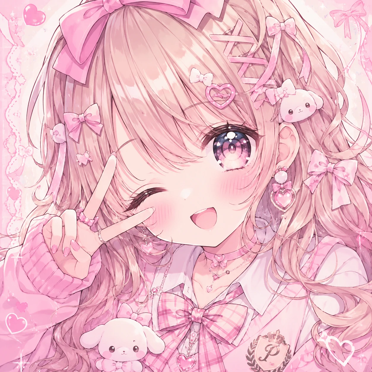 Preppy anime pfp with a pastel kawaii girl, big glossy eyes, and pink bows