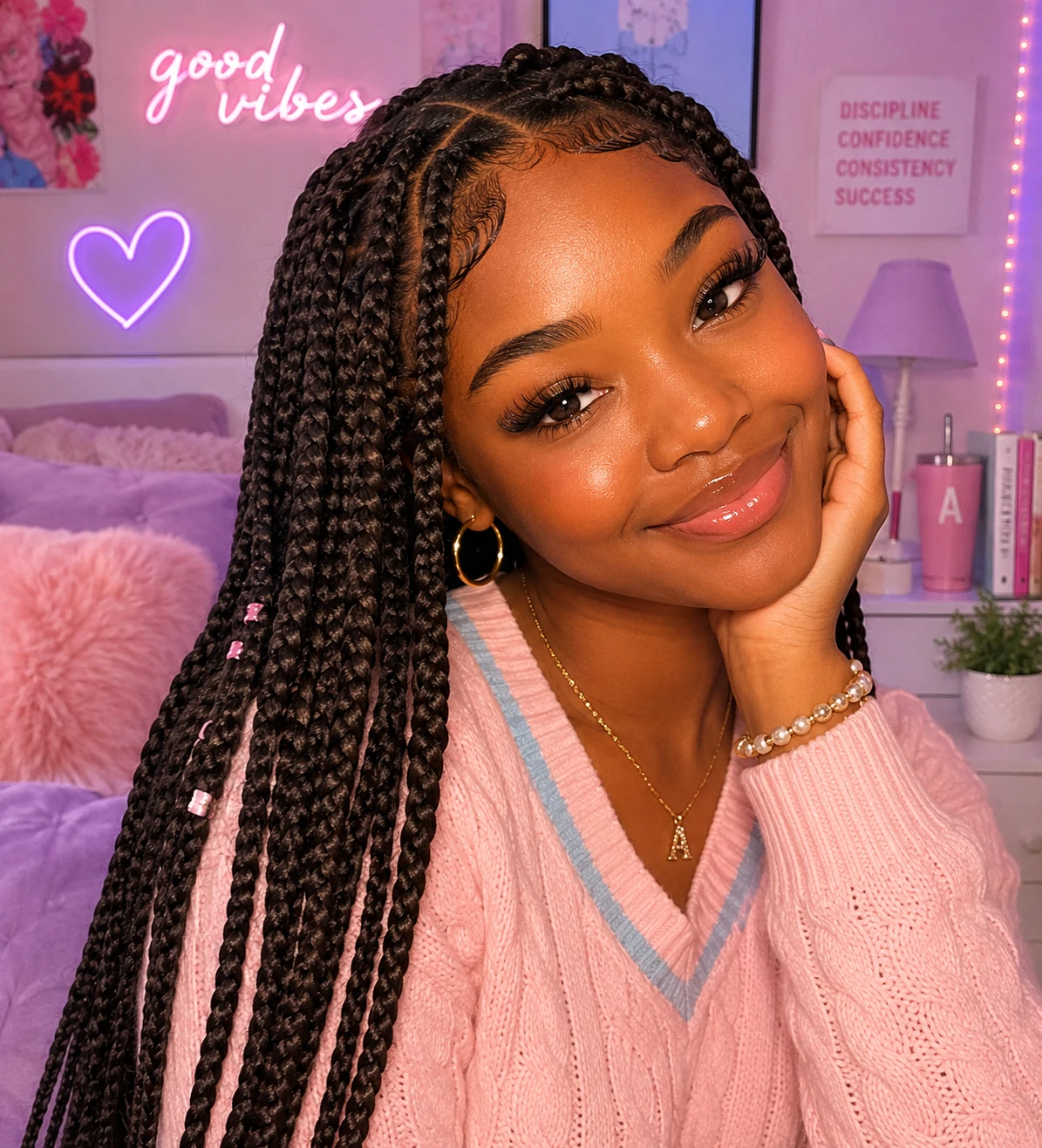 Preppy Black girl pfp with box braids, pastel backdrop, and glossy cheerful styling