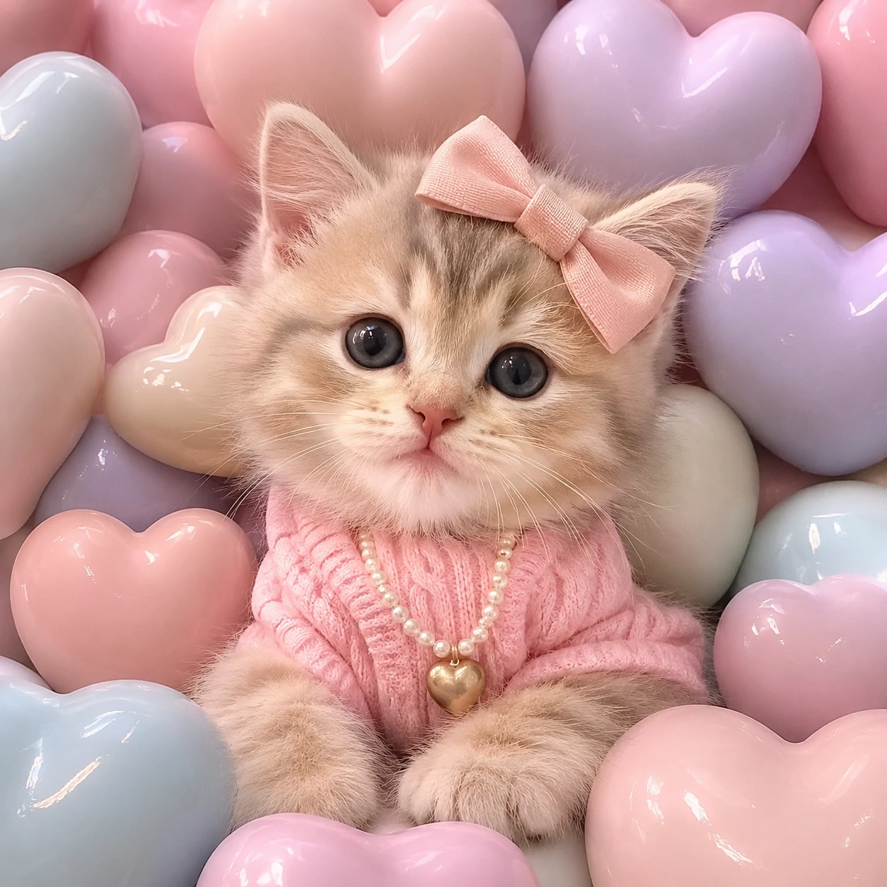 Preppy cat pfp featuring a kitten with pastel hearts, soft lighting, and cute preppy styling
