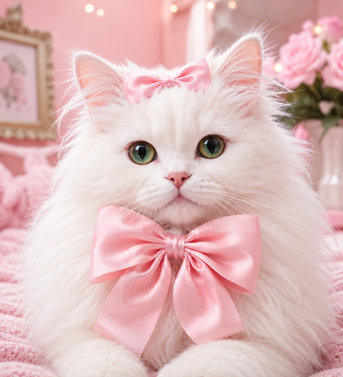 Preppy cat pfp with a fluffy white cat wearing a pink bow on a pastel backdrop