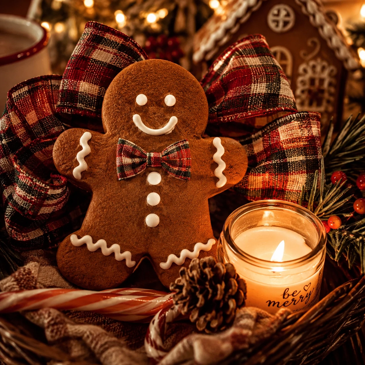 Preppy Christmas pfp with gingerbread, cozy plaid ribbon, and a soft candlelit glow