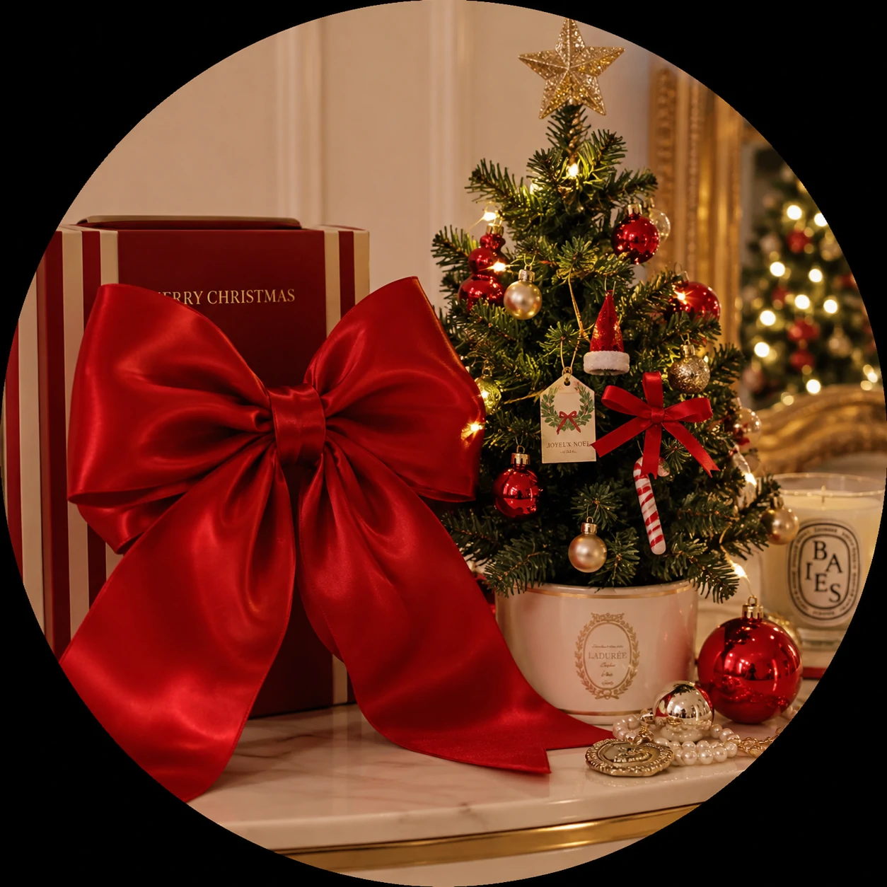 Preppy Christmas pfp with a red bow, mini Christmas tree, and glossy holiday styling