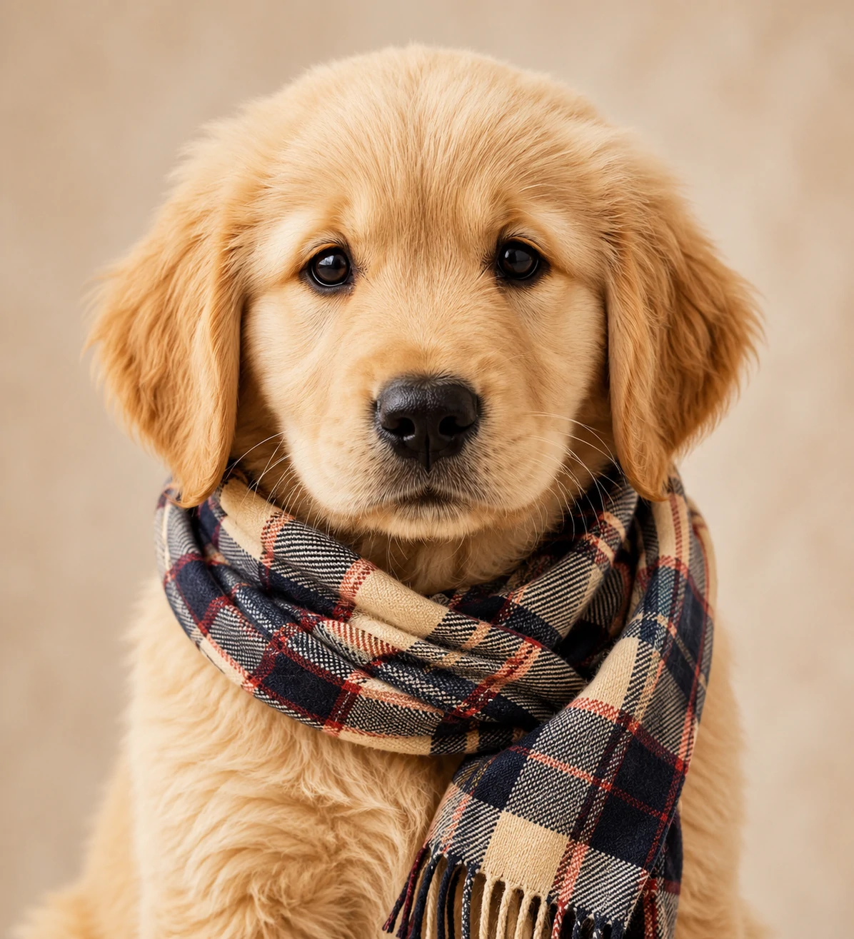 Preppy dog pfp with a golden retriever puppy wearing a plaid scarf on a soft background