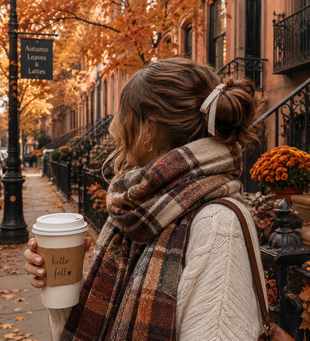Preppy fall pfp with plaid scarf, latte in hand, and soft cozy autumn backdrop