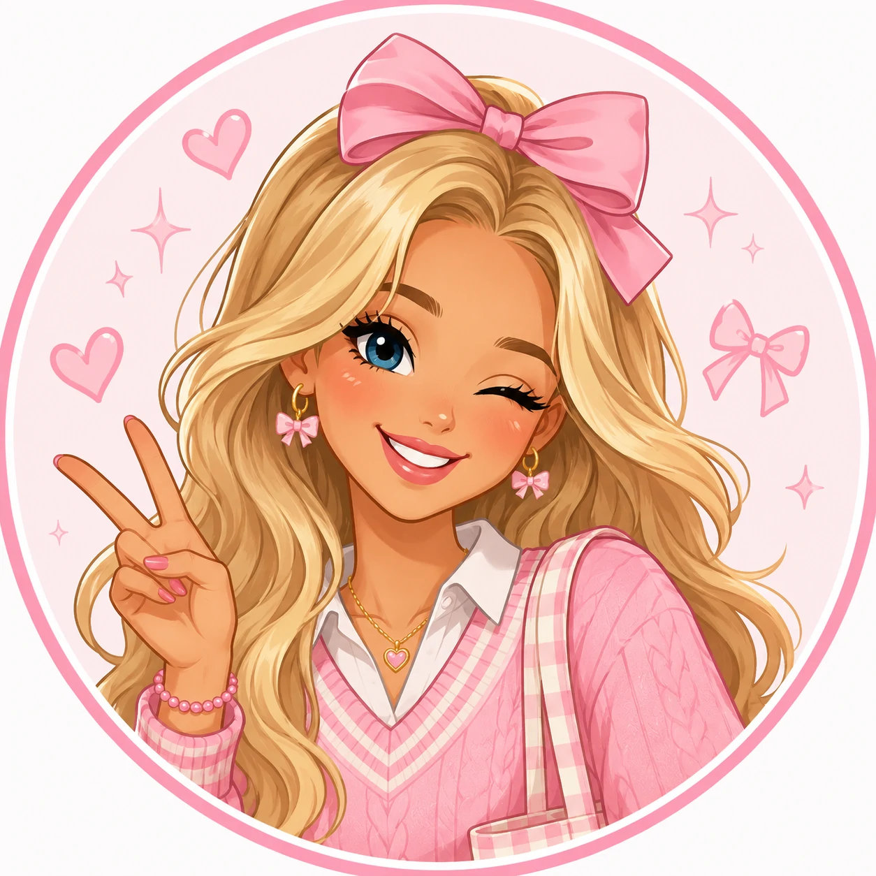 Cartoon preppy girl pfp with long blonde hair, pink bow, and a cheerful trendy outfit