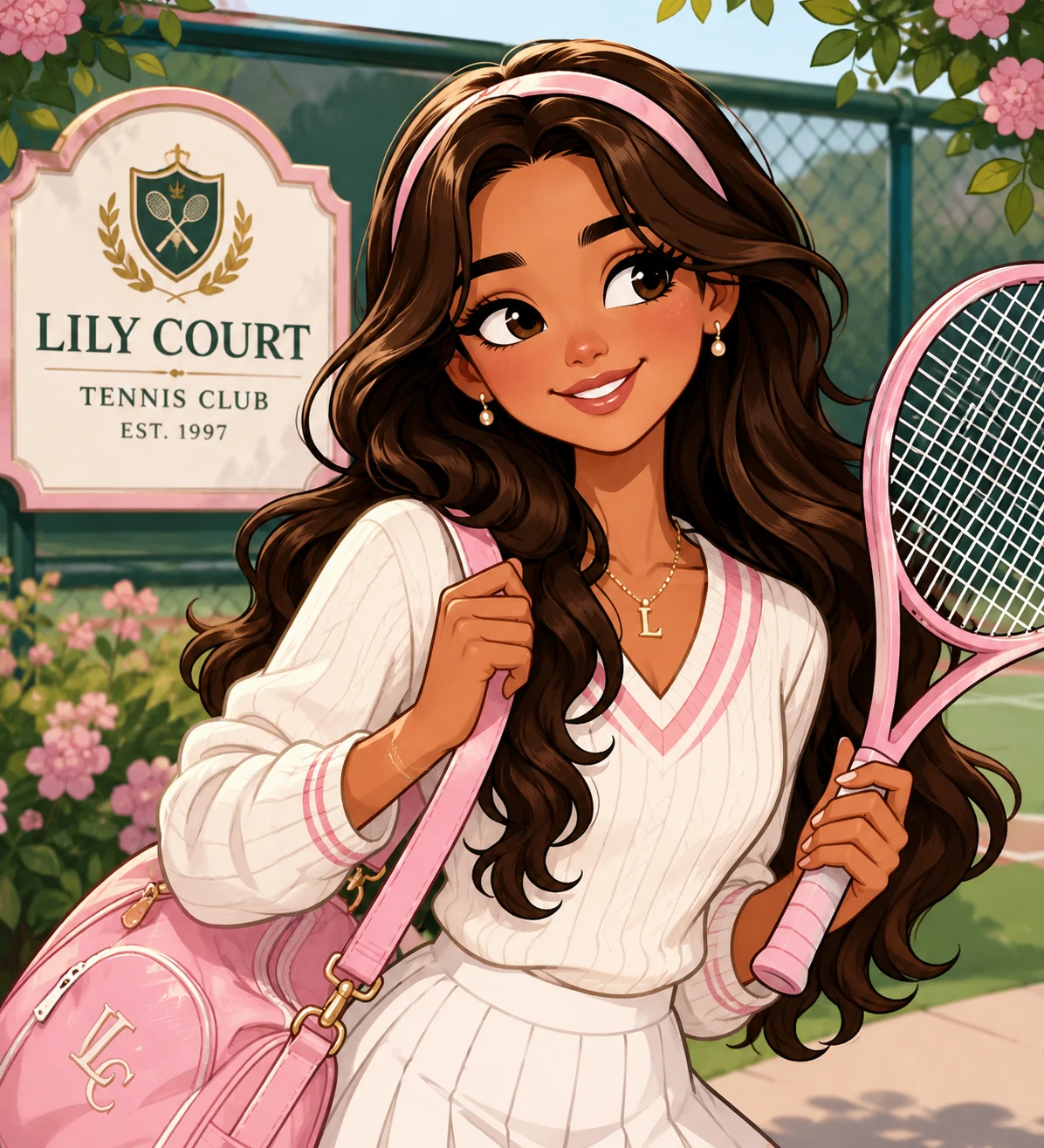 Brunette cartoon preppy girl pfp wearing a preppy tennis outfit with pastel accents