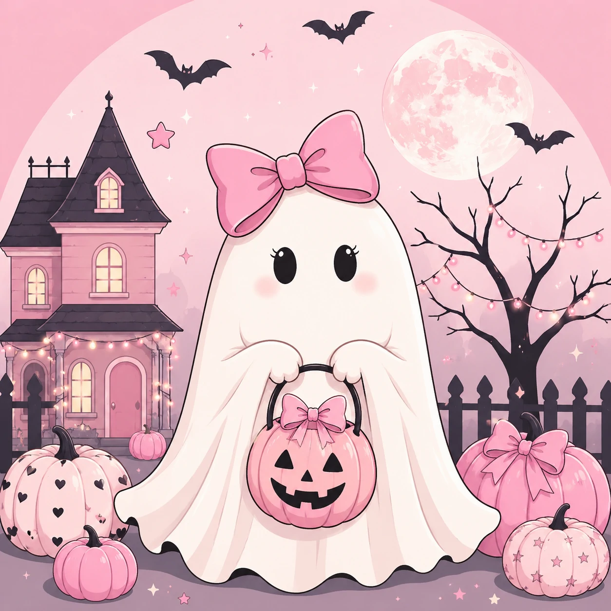 Preppy Halloween pfp featuring a cute ghost with a pink bow and pastel spooky detailing