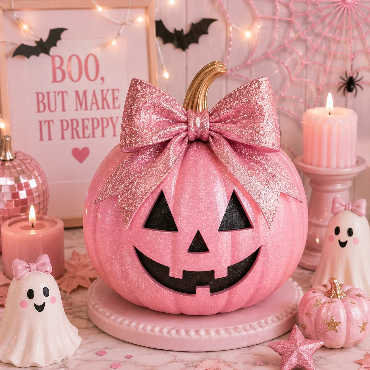 Preppy Halloween pfp with a pink pumpkin, glittery bow, and soft pastel spooky styling
