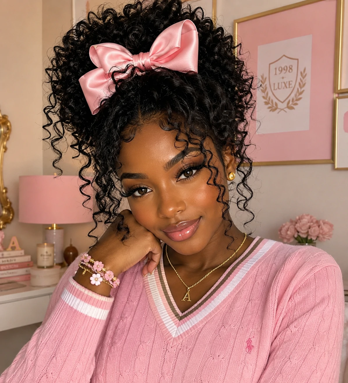 Preppy pfp of a Black girl with curly hair, pink bow, and polished pastel styling