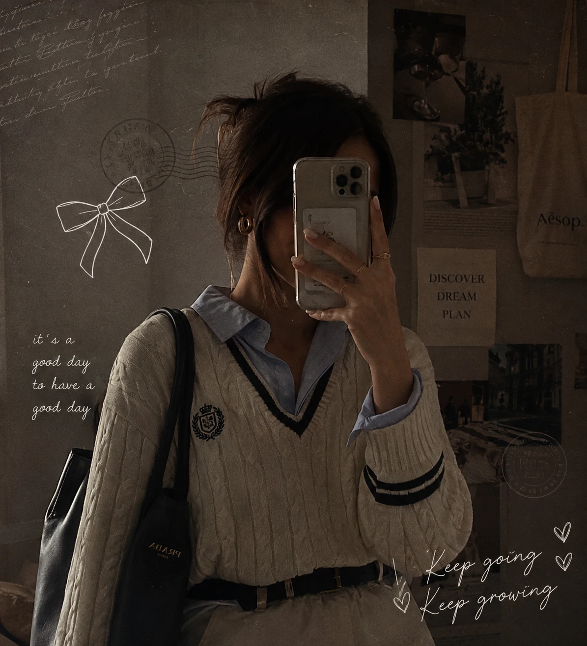 Preppy Pinterest pfp with an aesthetic overlay, moody lighting, and styled preppy outfit
