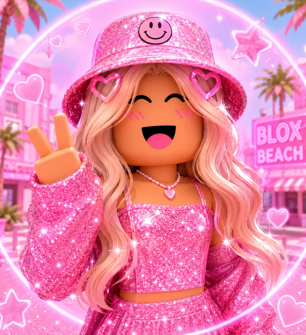 Preppy Roblox pfp with a pink glittered outfit, cute face styling, and a bright pastel background