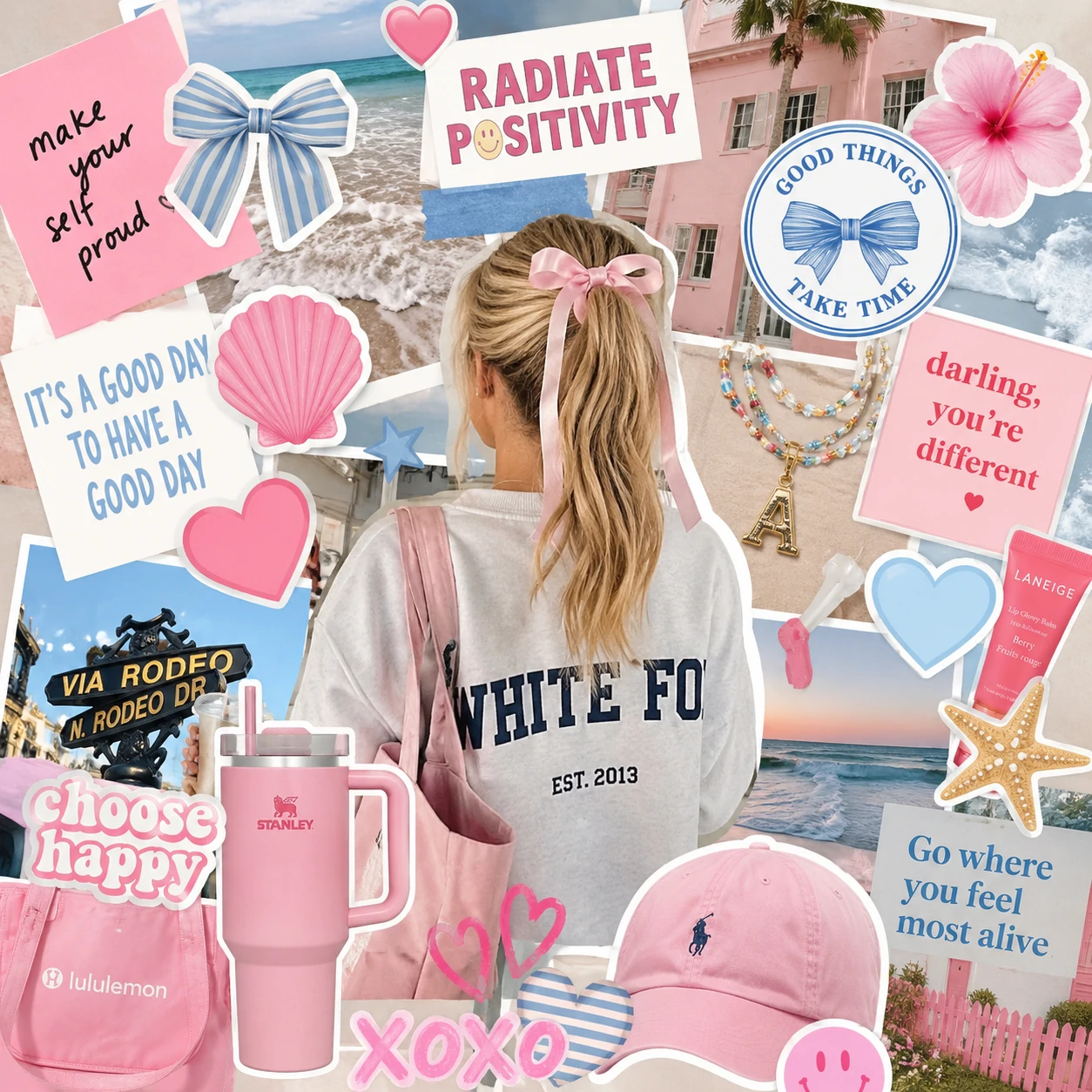 Preppy Pinterest pfp with a board collage style, layered stickers, and cheerful pastel styling