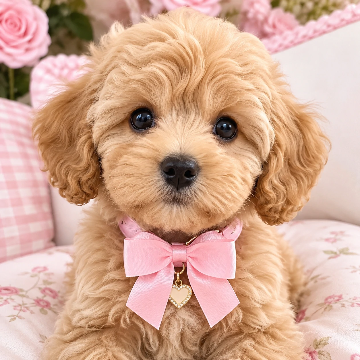 Preppy puppy pfp featuring a fluffy dog with a pink bow collar and bright clean lighting