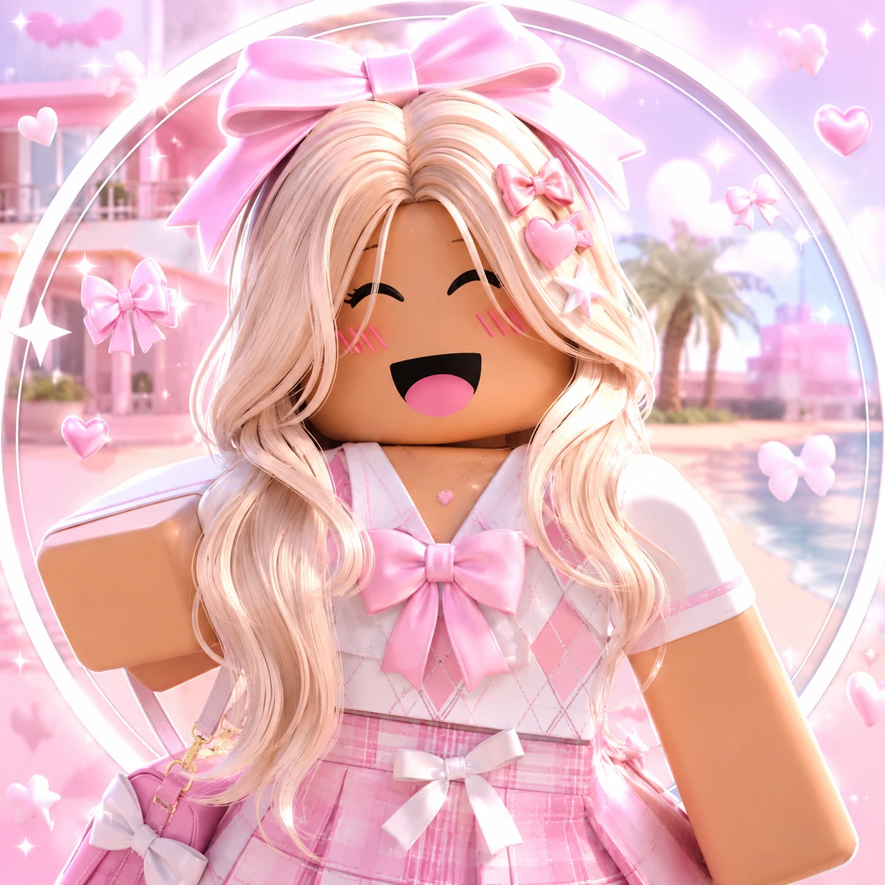 Preppy Roblox GFX pfp with a bow-accented outfit, glossy render, and cheerful pastel styling