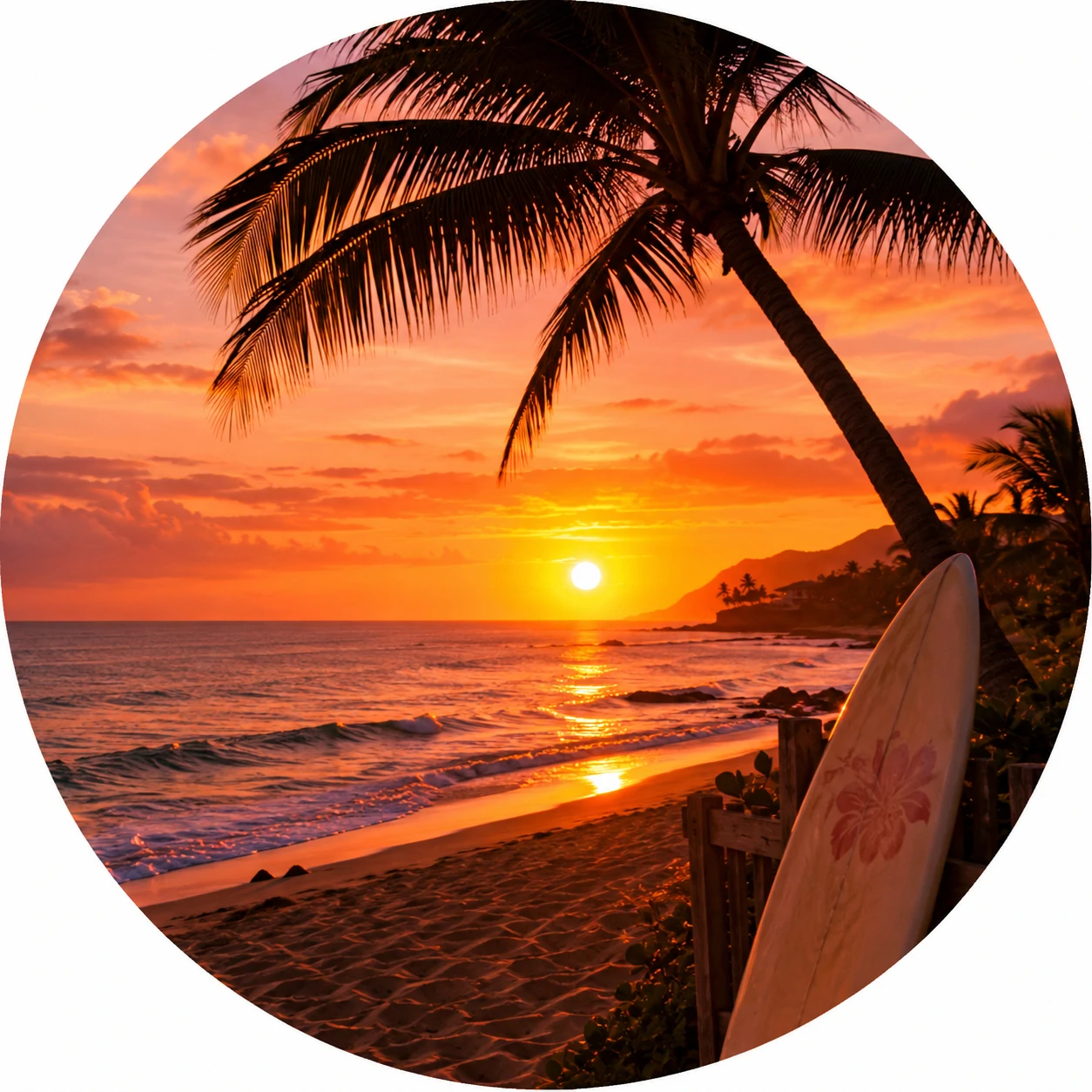 Preppy summer pfp with beach sunset glow, palm silhouette, and warm coastal tones