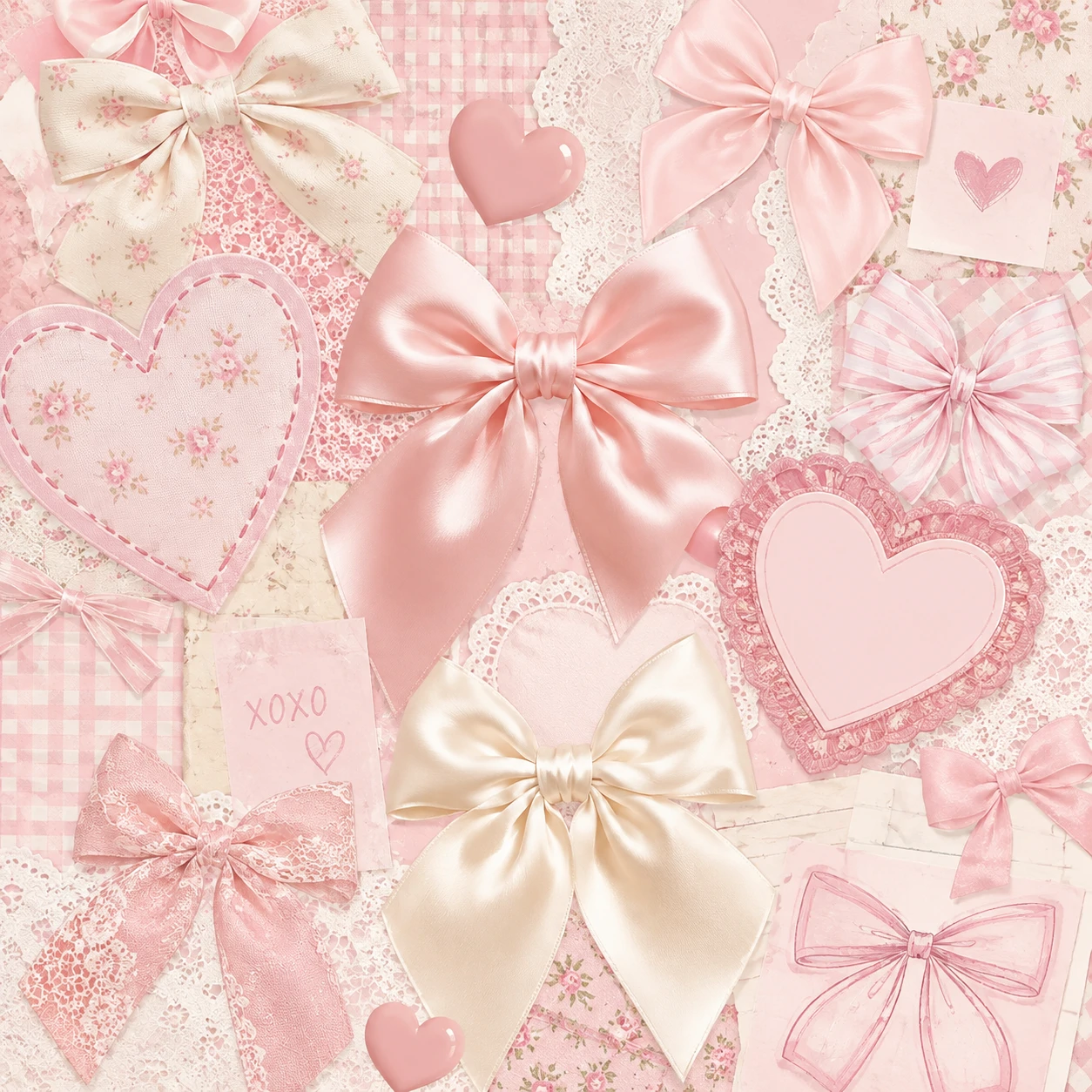Preppy wallpaper pfp with a bow collage, hearts, and pastel pink and cream layout