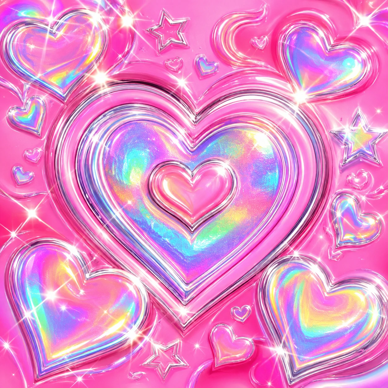 Preppy Y2K pfp with holographic hearts, glossy pink base, and sparkle chrome accents