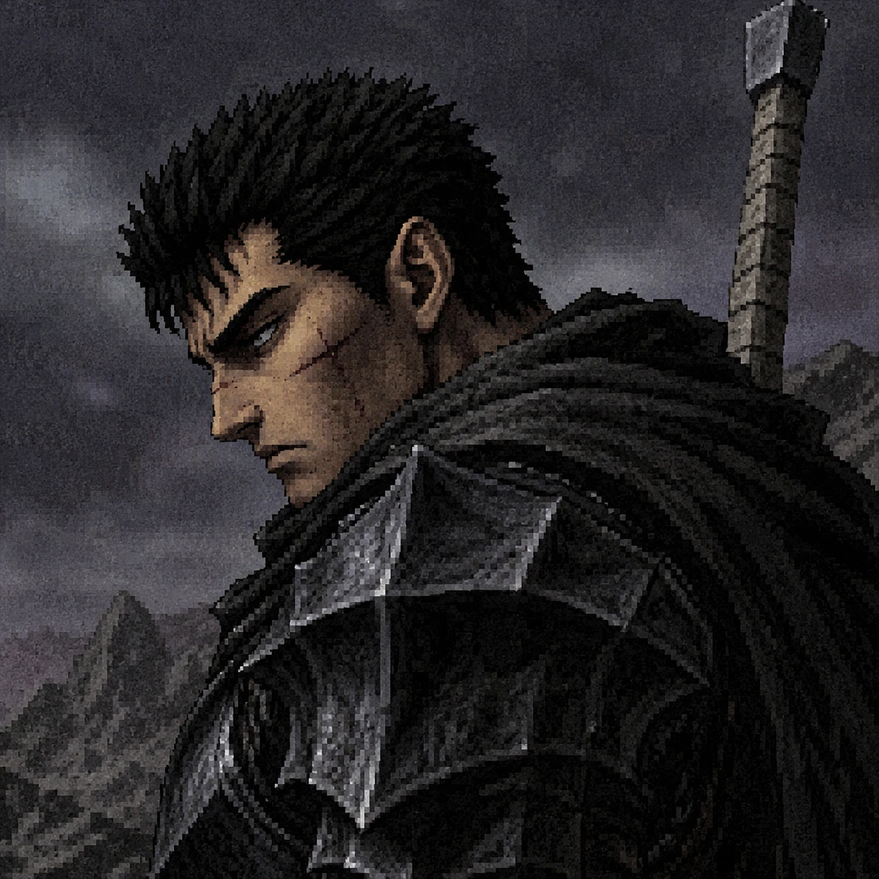 Retro PS2-style Guts profile picture with grainy cutscene lighting and armor